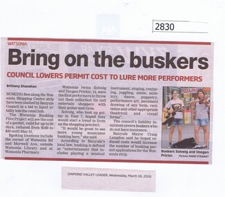 Newspaper Clipping, Diamond Valley Leader, Bring on the buskers, 16/03/2016