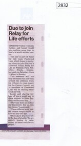 Newspaper Clipping, Diamond Valley Leader, Duo to join Relay for Life efforts, 16/03/2016