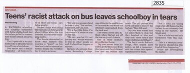 Newspaper Clipping, Diamond Valley Leader, Teens' racist attack on bus leaves schoolboy in tears, 16/03/2016