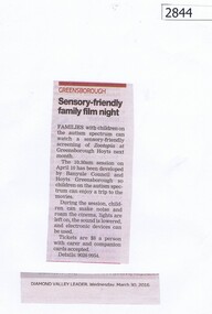 Newspaper Clipping, Sensory-friendly film night, 30/03/2016