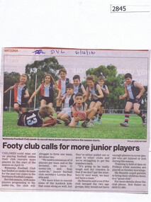 Newspaper Clipping, Diamond Valley Leader, Footy club calls for more junior players, 06/04/2016