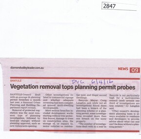 Newspaper Clipping, Vegetation removal tops planning permit probes [in Banyule], 06/04/2016