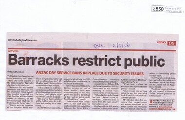 Newspaper Clipping, Diamond Valley Leader, Barracks restrict public, 06/04/2016