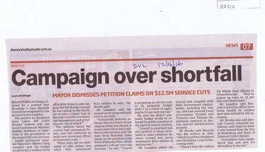 Newspaper Clipping, Campaign over shortfall [Banyule Council], 13/04/2016