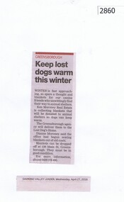 Newspaper Clipping, Diamond Valley Leader, Keep lost dogs warm this winter, 27/04/2016