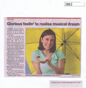 Newspaper Clipping, Diamond Valley Leader, Glorious feelin' to realise musical dream, 11/05/2016