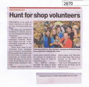 Newspaper Clipping, Diamond Valley Leader, Hunt for shop volunteers, 25/05/2016