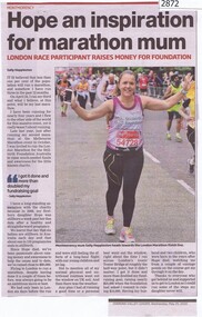 Newspaper Clipping, Diamond Valley Leader, Hope an inspiration for marathon mum, 25/05/2016