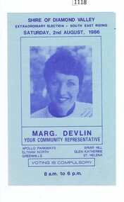 Leaflet, Margaret Devlin, Political advertisement for Margaret Devlin, 02/08/1986
