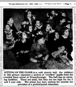 Newspaper clipping, The Age, Greensborough Primary School Gr2062 1951 Sitting on the Floor, 13/07/1951