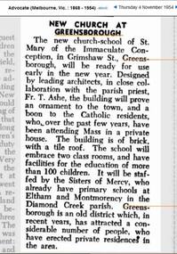 Newspaper clipping, Advocate, New church at Greensborough, 04/11/1954