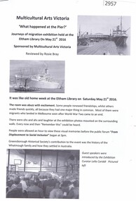 Article, Rosie Bray, Multicultural Arts Victoria: 'What happened at the pier?' reviewed by Rosie Bray, 21/05/2016