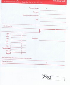 Form, State Savings Bank of Victoria, State Bank Victoria Withdrawal, 1980s