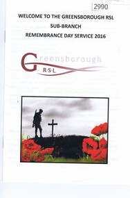 Booklet, Greensborough RSL Sub-branch Remembrance Day Service 2016, 11/11/2016