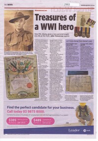 Newspaper clipping, Heidelberg Leader, Treasures of a WW1 hero, by John Trevorrow, 08/11/2016