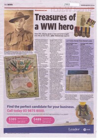 Article - Newspaper clipping, Heidelberg Leader, Treasures of a WW1 hero, by John Trevorrow, 08/11/2016