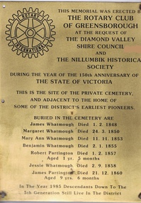 Plaque, Rotary Club of Greensborough, Rotary Club of Greensborough Memorial Plaque: Pioneer Children's Cemetery, 1848-1860