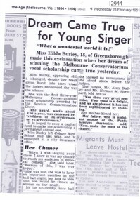 Newspaper clipping, The Age, Dream came true for young singer, 28/02/1951