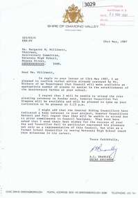 Letter, Letter from Shire of Diamond Valley to Mrs Margaret Willimott 1987, 26/05/1987