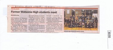 Newspaper Clipping, Former Watsonia High Students Meet [WaHIGH], 19/09/2012