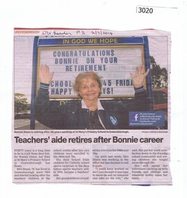 Newspaper Clipping, Teacher's aide retires after Bonnie career [St Mary's Primary School Gr1539], 02/07/2014