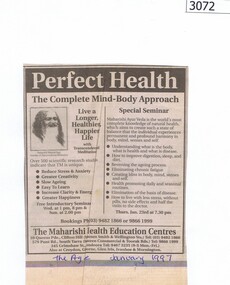 Advertisement, Maharishi Health Education Centres, Perfect health: The Maharishi Health Education Centres, 1997_01