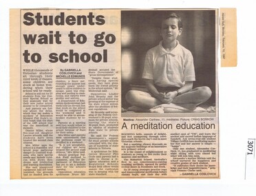Newspaper clipping, Students wait to go to school - Concord School Bu5027, 10/02/1997