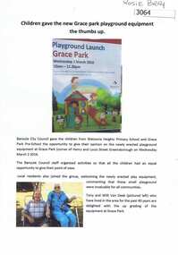 Article, Rosie Bray, Children gave the new Grace Park playground equipment the thumbs up, by Rosie Bray, 02/03/2016