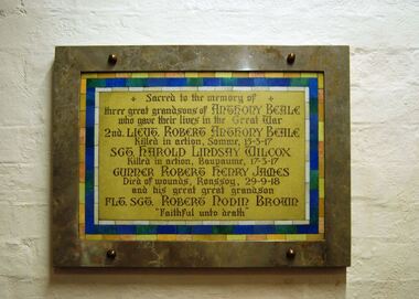 Photograph - Digital image, Marilyn Smith, St Katherine's Church St Helena: Beale family plaque, World War 1, 29/05/2015