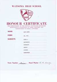 Certificate - Digital Image, Watsonia High School WaHIGH Honour Certificate 1965, 1965_