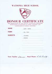 Certificate - Digital Image, Watsonia High School WaHIGH Honour Certificate 1966, 1966_