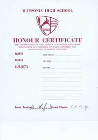 Certificate - Digital Image, Watsonia High School WaHIGH Honour Certificate 1967, 1967_