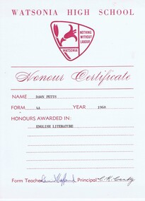 Certificate - Digital Image, Watsonia High School WaHIGH Honour Certificate 1968, 1968_