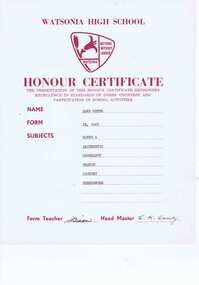 Certificate - Digital Image, Watsonia High School WaHIGH Honour Certificate 1969, 1969_