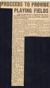 Newspaper Clipping (digital image), Proceeds to provide playing fields: Watsonia High School WaHIGH 1966 Fete Program, 19/03/1966