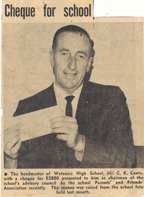 Newspaper Clipping - Digital Image, Diamond Valley News, Cheque for School 1966 [Watsonia High School WaHIGH ], 19/03/1966