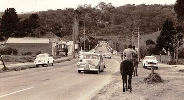 Photograph - Digital image, Jan Lewis, Horse Riding down Main Street Greensborough Station looking toward bridge circa 1958, 1958c