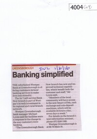 Newspaper Clipping, Diamond Valley Leader, Banking simplified, 01/06/2016