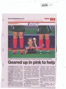 Newspaper Clipping, Diamond Valley Leader, Geared up in pink to help, 08/06/2016