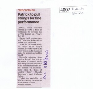Newspaper Clipping, Diamond Valley Leader, Patrick to pull strings for fine performance, 08/06/2016