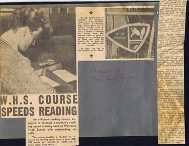 Newspaper Clipping - Digital Image, W.H.S. course speeds reading [Watsonia High School WaHIGH ], 1965c