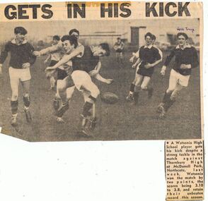 Newspaper Clipping - Digital Image, Gets in his Kick; Watsonia High School WaHIGH, 1965c
