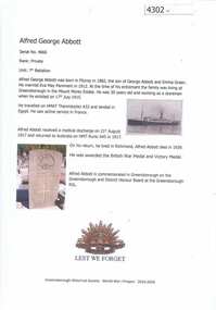 Article, Greensborough Historical Society et al, Alfred George Abbott, 1914-1918