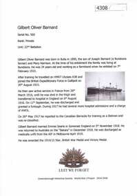 Article, Greensborough Historical Society et al, Gilbert Oliver Barnard, 1914-1918