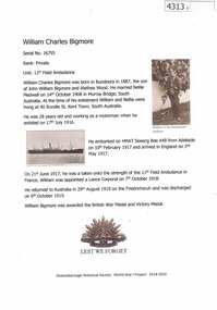 Article, Greensborough Historical Society et al, William Charles Bigmore, 1914-1918