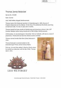 Article, Greensborough Historical Society et al, Thomas James Bodycoat, 1914-1918