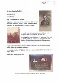 Article, Greensborough Historical Society et al, Jasper Lewis Bolton, 1914-1918