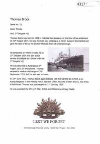 Article, Greensborough Historical Society et al, Thomas Brock, 1914-1918