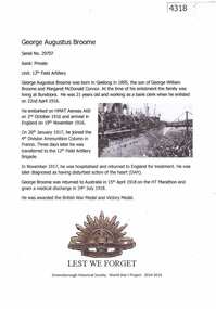 Article, Greensborough Historical Society et al, George Augustus Broome, 1914-1918