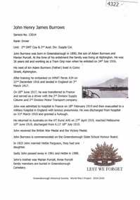 Article, Greensborough Historical Society et al, John Henry James Burrows, 1914-1918